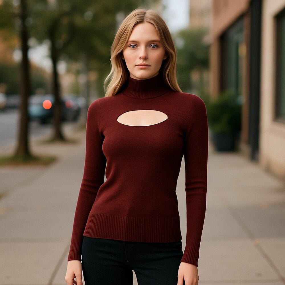 NWT French Connection Cutout Ribbed Trim Turtleneck Sweater 23 BITTER CHOCOLATE
